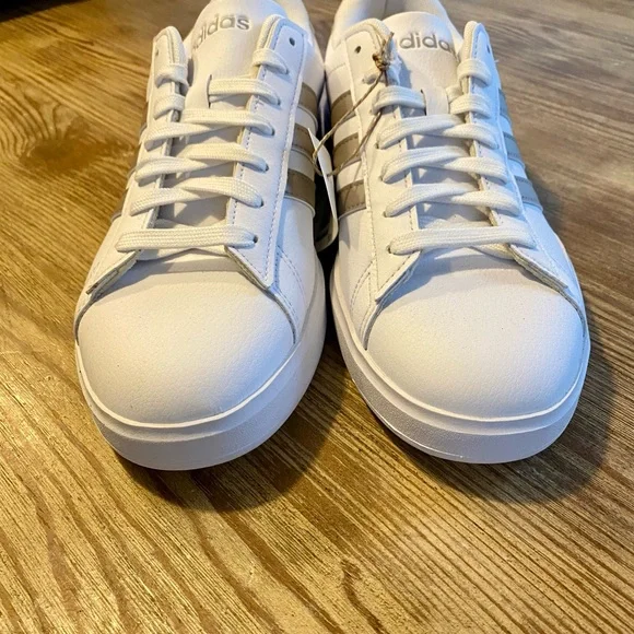 Adidas Court Shoes 2.0 Cloud Foam White Leather Platinum Stripe Comfort Sneakers - Picture 14 of 16